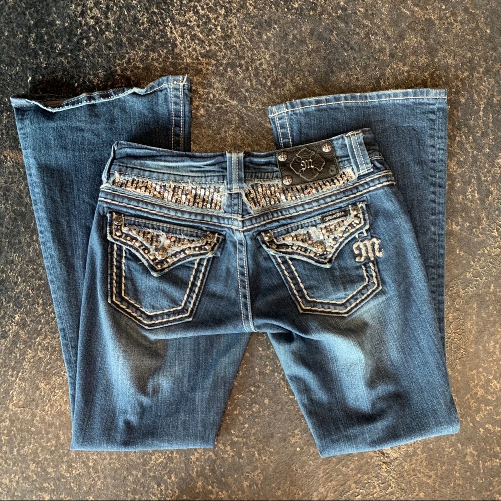 MISS ME Flare leg Denim Thick Stitch Jeans w/ fab sequin, design, Size 27